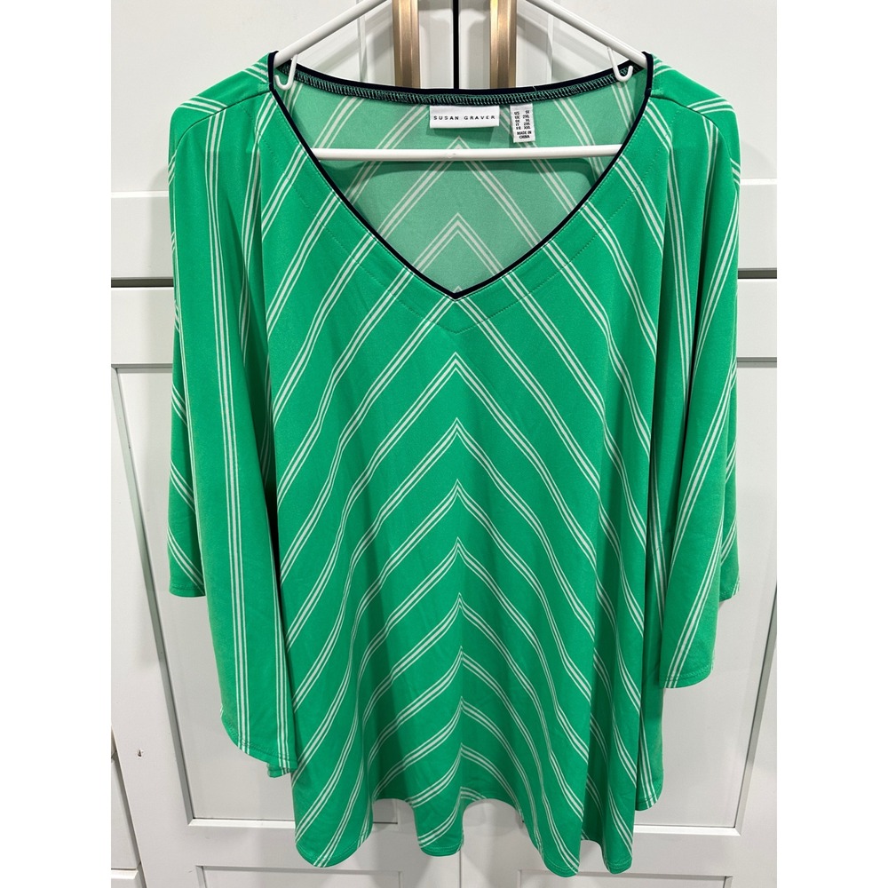 Susan Graver Chevron Print Top V-Neck 3/4 Sleeve Blouse Green 1X